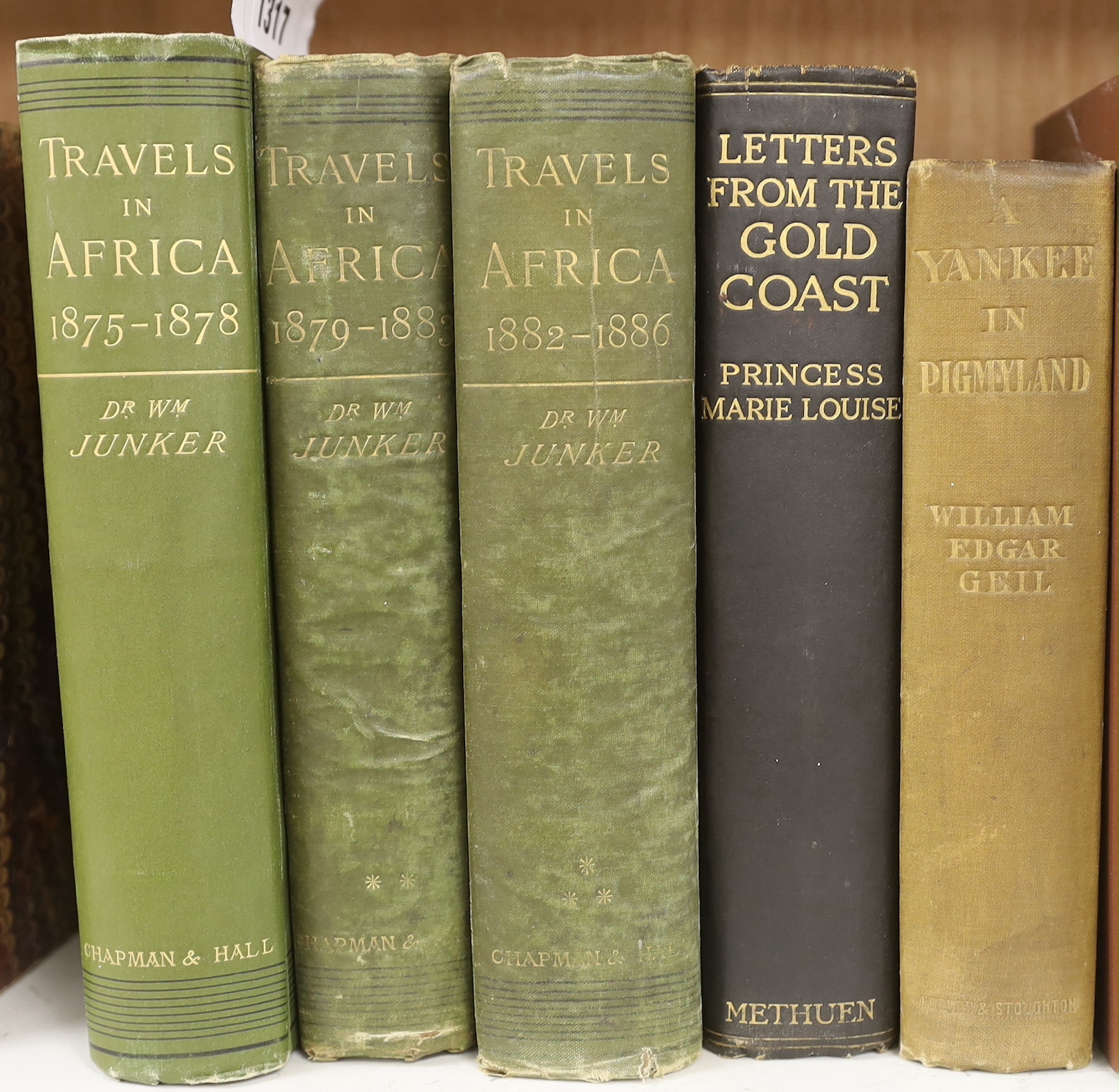 Junker, Wilhelm - Travel in Africa during the years 1875-1878. Translated from the German by A.H. Keane....3 vols. portrait frontispieces, vignette title illus., large folded map (outline colour), numerous plates, full p